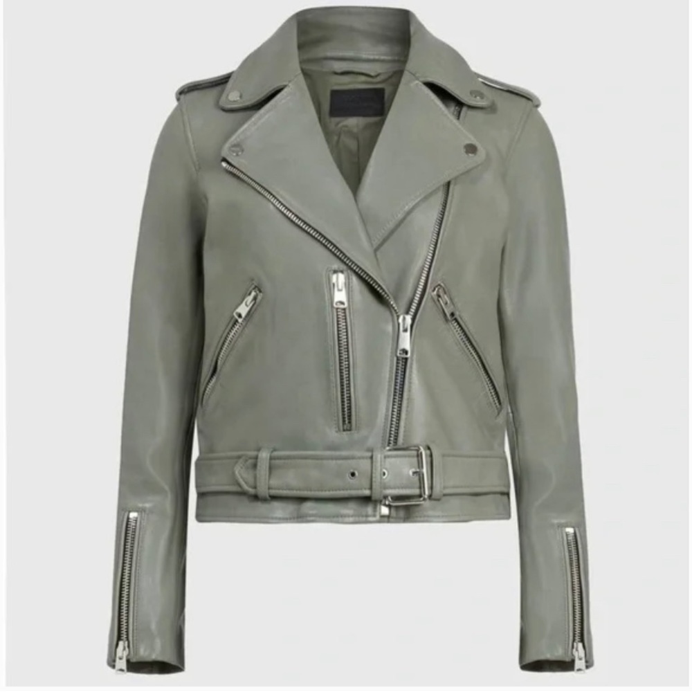 ALLSAINTS BALFERN LEATHER BIKER JACKET IN SAGE GREEN SIZE - 0